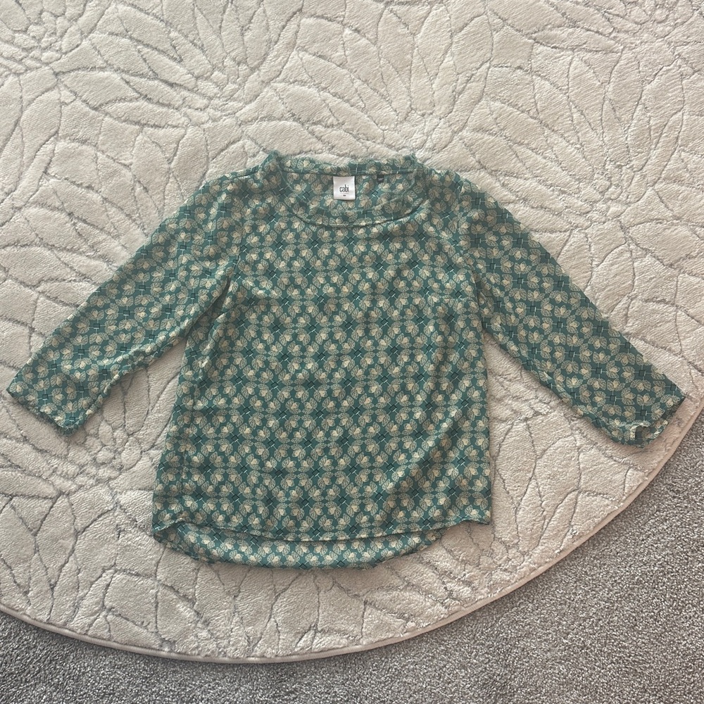 CAbi sheer S-M Teal and Cream Patterned quarter Sleeve Tee